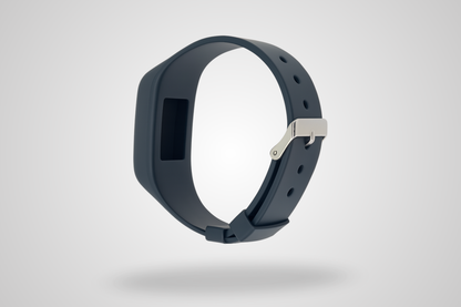 A photo of a black silicone wristband compatible with space for chip