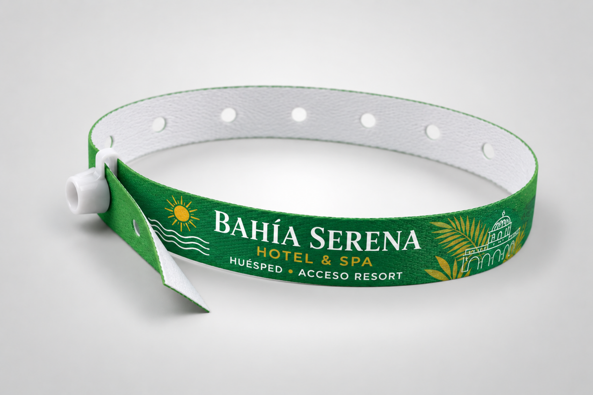 Žalia medžiaginė apyrankė su baltu spaustuku ir atspausdintu viešbučio logotipu