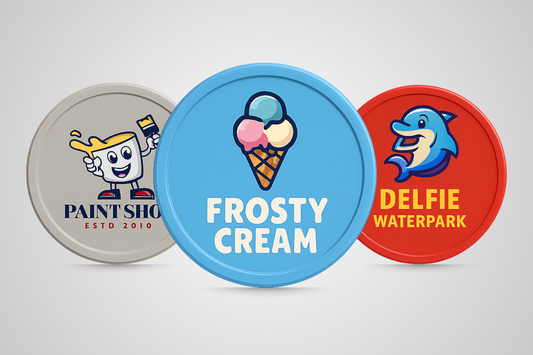 Spausdinti plastikiniai žetonai su užsakomu JM Band® logotipu.