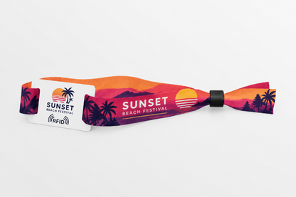 RFID rPET medžiaginė apyrankė su oranžine saulėlydžio paplūdimio festivalio spauda
